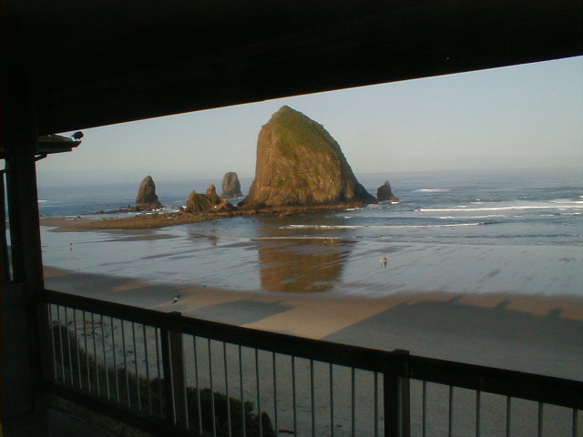 Haystack Rock seen from a hotel room